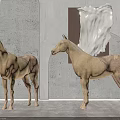 Two Beige Horse Sculptures In Room With Gray Wall White Fabric Artwork And Gray Carpet