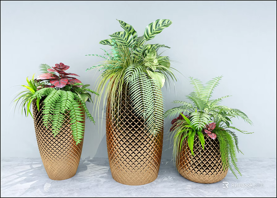 Golden Diamond Pattern Vases with Ferns Red Leaves Palm Like Leaves Arranged on White Background 3d model 