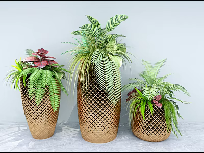 Golden Diamond Pattern Vases with Ferns Red Leaves Palm Like Leaves Arranged on White Background 3d model