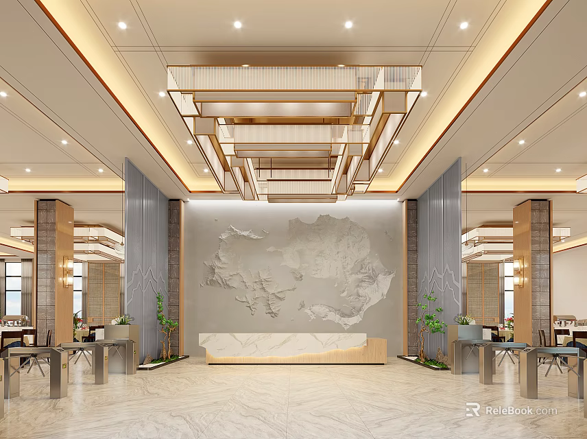 Luxurious Hotel Lobby With Textured Wall Multi Layer Chandelier Marble Floor And Reception Desk 3d model 