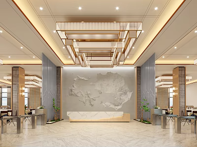 Luxurious Hotel Lobby With Textured Wall Multi Layer Chandelier Marble Floor And Reception Desk 3d model