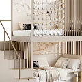 Stylish Kids Bunk Bed with Stairs Gold Railings Safety Net and Floral Wallpaper