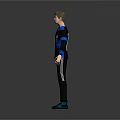 Man Wearing Tubecat Black Shirt Blue Sleeves Black Pants Green Shoes On Gray Background