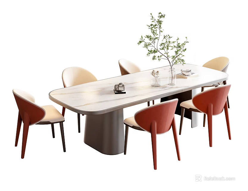 Modern Dining Table Set With Light Marble Top Silver Base And Mixed Color Chairs 3d model