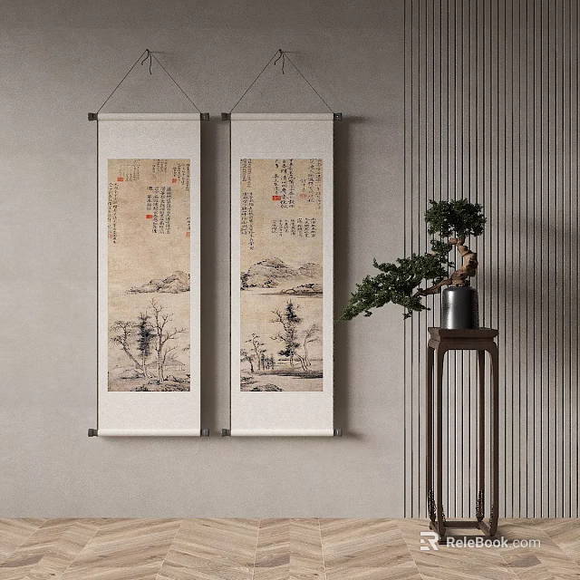 Traditional Chinese Landscape Scroll Paintings Hanging On Wall With Green Plant And Wooden Stand 3d model 