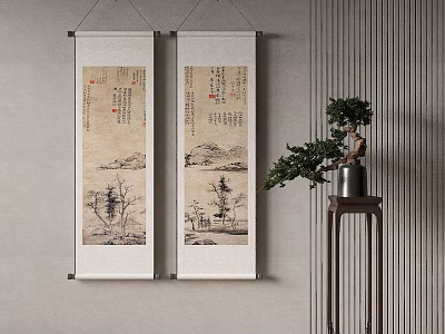 Traditional Chinese Landscape Scroll Paintings Hanging On Wall With Green Plant And Wooden Stand 3d model