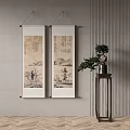 Traditional Chinese Landscape Scroll Paintings Hanging On Wall With Green Plant And Wooden Stand