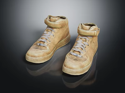 Worn High Top Beige Leather Shoes With White Laces On Dark Reflective Surface 3d model