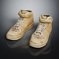 Worn High Top Beige Leather Shoes With White Laces On Dark Reflective Surface