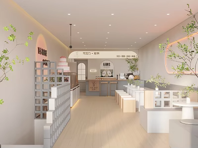 Modern Bubble Tea Shop Interior With Green Plants Seating Area And Decorative Counter 3d model