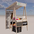 Wooden Style Booth With Blackboard And Woman Sitting On Orange Chair Under Blue Sky