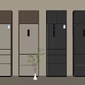 Four Side by Side Refrigerator Cabinets in Various Colors with White Vase and Green Plant Front