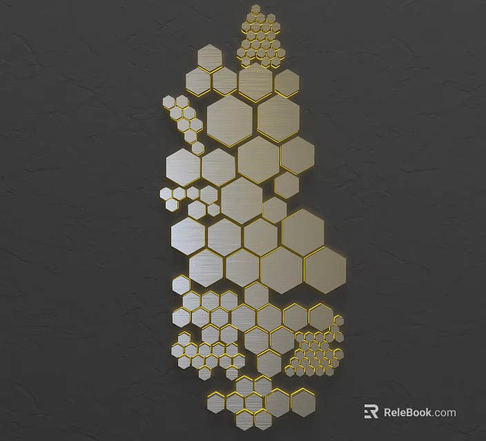 Modern Hexagonal Wall Decor With Gold Silver Geometric Patterns On Dark Wall 3d model
