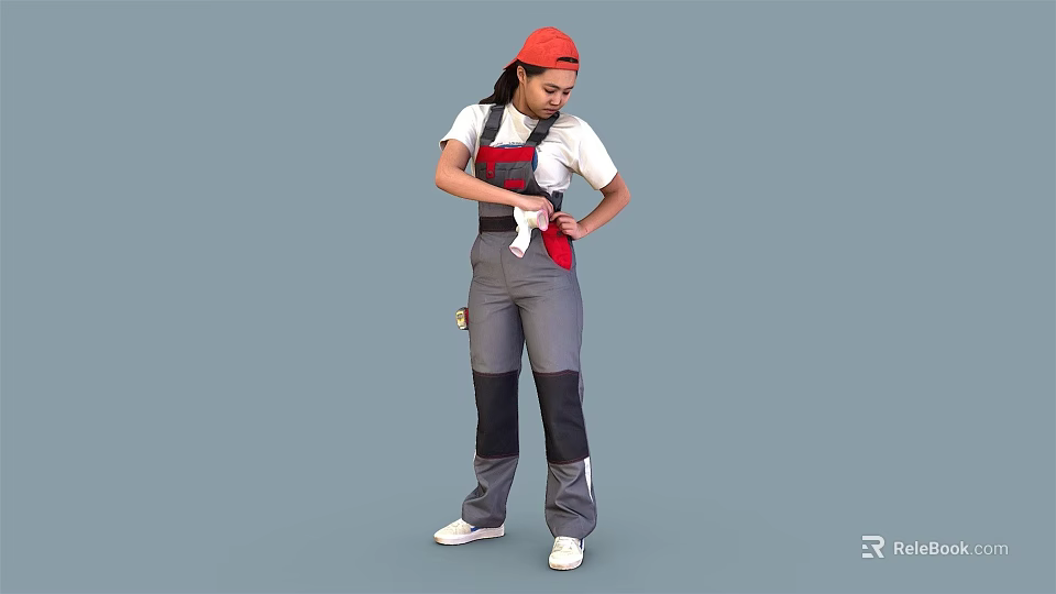 A woman in red cap adjusting apron wearing gray work overalls against gray background 3d model 