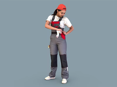 A woman in red cap adjusting apron wearing gray work overalls against gray background 3d model