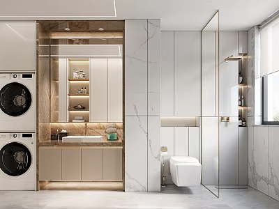 Modern Bathroom Interior With Double Washing Machines Sink Toilet And Marble Walls 3d model