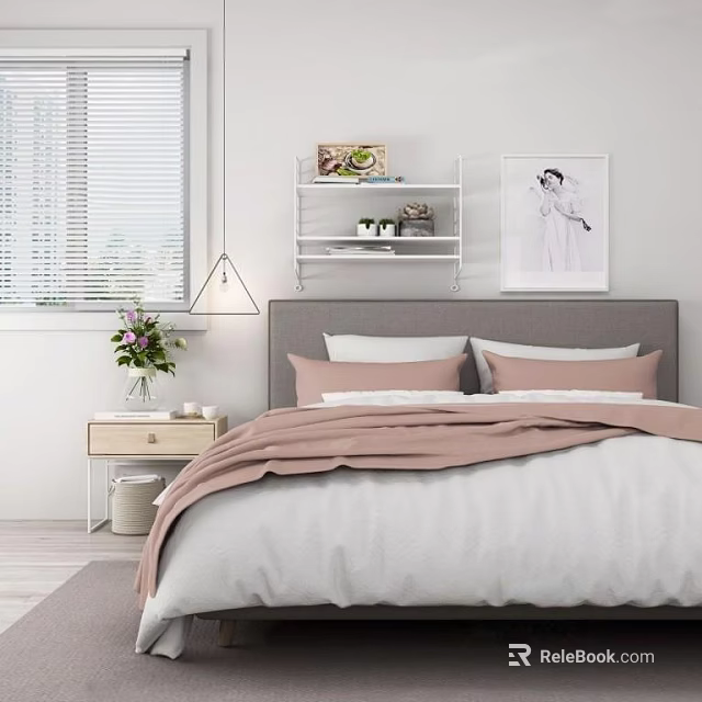 Modern Double Bed with Gray Headboard White Pink Bedding Nightstand Vase Flowers and Wall Shelf 3d model 