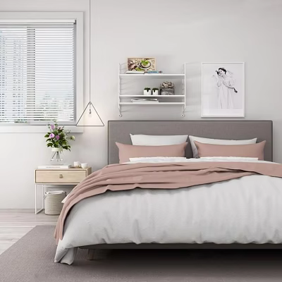 Modern Double Bed with Gray Headboard White Pink Bedding Nightstand Vase Flowers and Wall Shelf 3d model