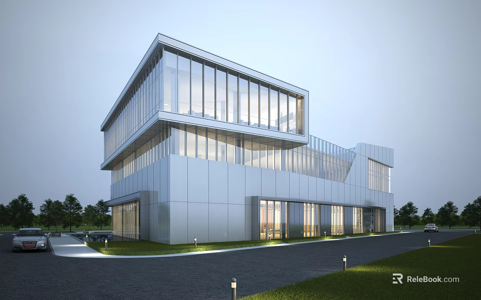 Modern Multi Storey Office Building With Glass Curtain Wall And Landscaped Lawn 3d model 