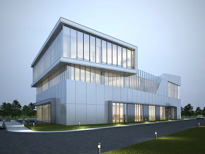 Modern Multi Storey Office Building With Glass Curtain Wall And Landscaped Lawn 3d model