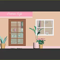 Cute Cat In Pink Cafe Model With Kitchen Interior And Outdoor Plants