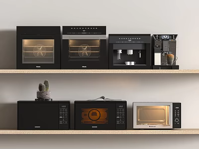 Stylish Kitchen Appliances On Wooden Shelves Featuring Ovens Coffee Makers Microwaves And Small Potted Plant 3d model