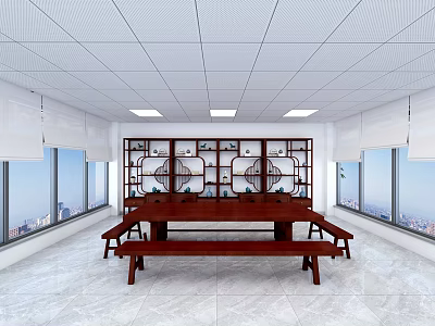 Dark Wooden Display Cabinets with Circular Ornaments Under White Ceiling and Large Windows City View 3d model