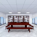 Dark Wooden Display Cabinets with Circular Ornaments Under White Ceiling and Large Windows City View