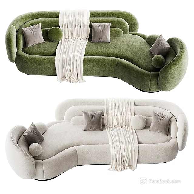 Curved Abstract shaped Sofa In Green And Beige With Soft Pillows And Throw Blanket 3d model 