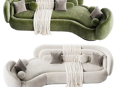 Curved Abstract shaped Sofa In Green And Beige With Soft Pillows And Throw Blanket 3d model