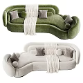 Curved Abstract shaped Sofa In Green And Beige With Soft Pillows And Throw Blanket