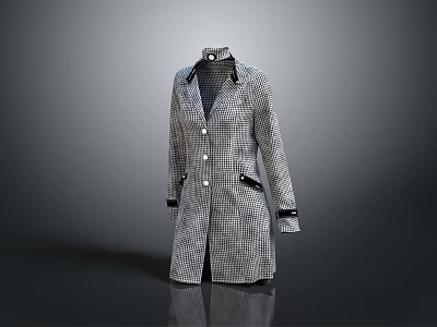 Fashionable Long Checkered Coat With Collar Black Trim And Button Details 3d model