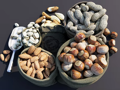 Assorted Nuts Display In Sacks And Containers 3d model