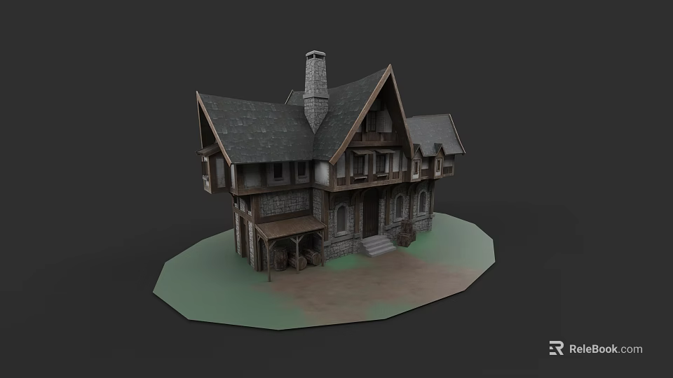 Traditional European Style Architecture Featuring Steep Roof Chimney And Stone Porch Steps 3d model 