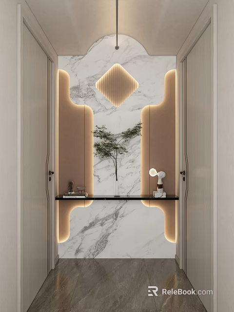 Luxurious Elevator Hallway With Marble Wall And Lighting 3d model 