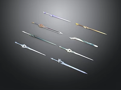 Various Stylish Swords With Decorative Designs And Colorful Handles On 3d model