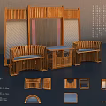 Bamboo Table and Chair Set with Traditional Chinese Screen and Cushioned Seats