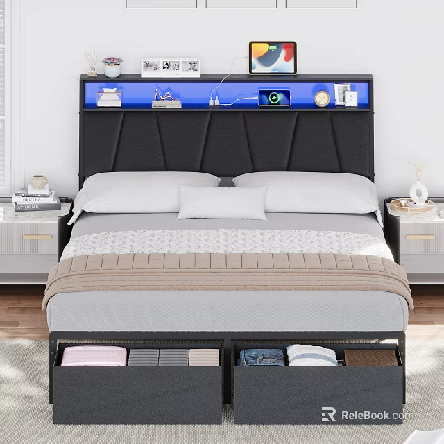 Modern Double Bed with Black Headboard Blue LED Lights Storage Drawers and Nightstands 3d model 