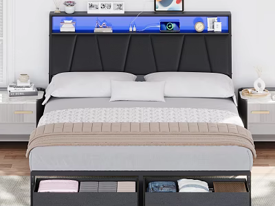 Modern Double Bed with Black Headboard Blue LED Lights Storage Drawers and Nightstands 3d model