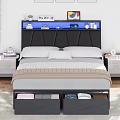 Modern Double Bed with Black Headboard Blue LED Lights Storage Drawers and Nightstands