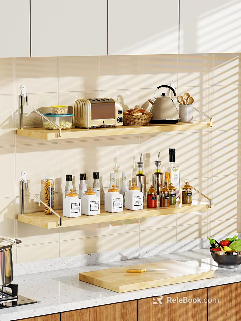 Sunlit Kitchen With Wooden Shelves Featuring Toaster Teapot Bread Basket Spice Bottles And Pasta Jars 3d model 