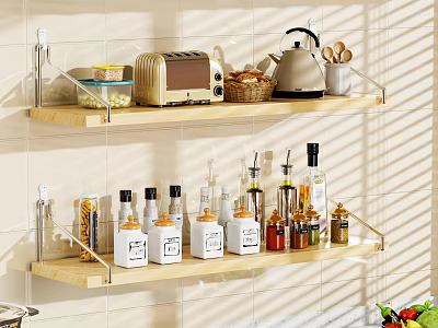 Sunlit Kitchen With Wooden Shelves Featuring Toaster Teapot Bread Basket Spice Bottles And Pasta Jars 3d model