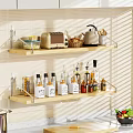 Sunlit Kitchen With Wooden Shelves Featuring Toaster Teapot Bread Basket Spice Bottles And Pasta Jars
