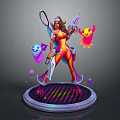Vibrant Game Movie Character With Winged Accessories Holding Weapon And Colorful Creatures On Glowing Platform