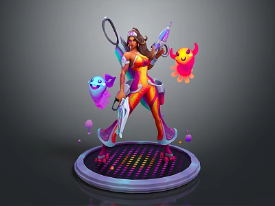 Vibrant Game Movie Character With Winged Accessories Holding Weapon And Colorful Creatures On Glowing Platform 3d model