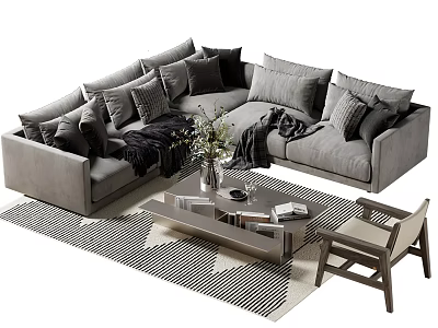 Gray L Shaped Sofa and Modern Coffee Table Set with Cushions Throw Blanket Geometric Rug 3d model