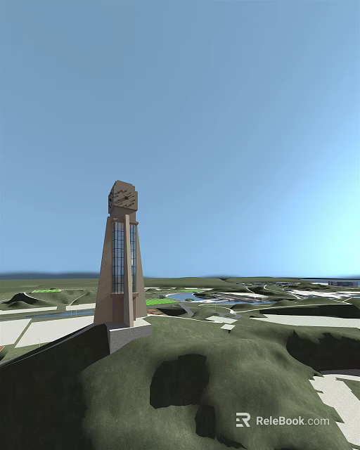 Modern Tower With Glass Structure Decorative Top And Green Landscape Water Views 3d model 