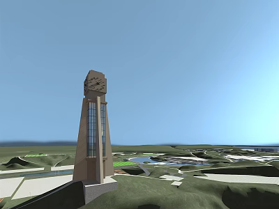 Modern Tower With Glass Structure Decorative Top And Green Landscape Water Views 3d model