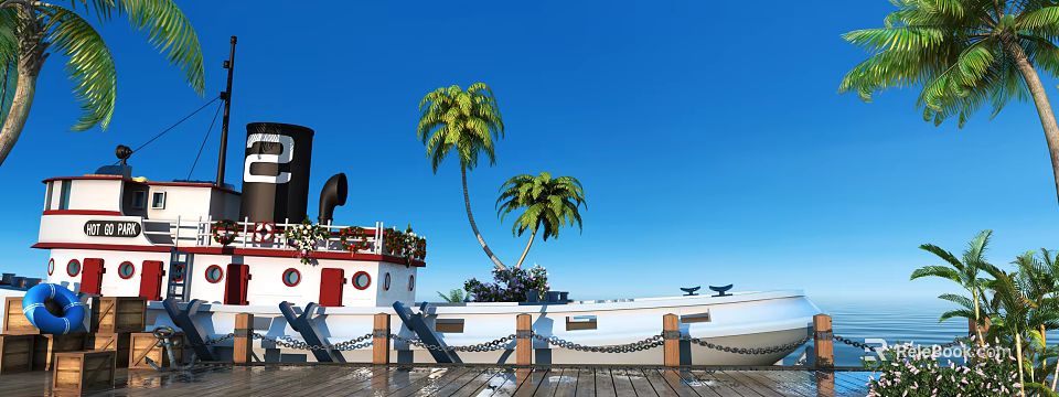White Vintage Ship With Palm Trees And Decorative Flowers On Wooden Dock Under Blue Sky 3d model 