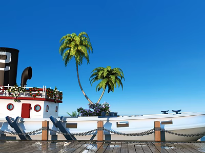 White Vintage Ship With Palm Trees And Decorative Flowers On Wooden Dock Under Blue Sky 3d model